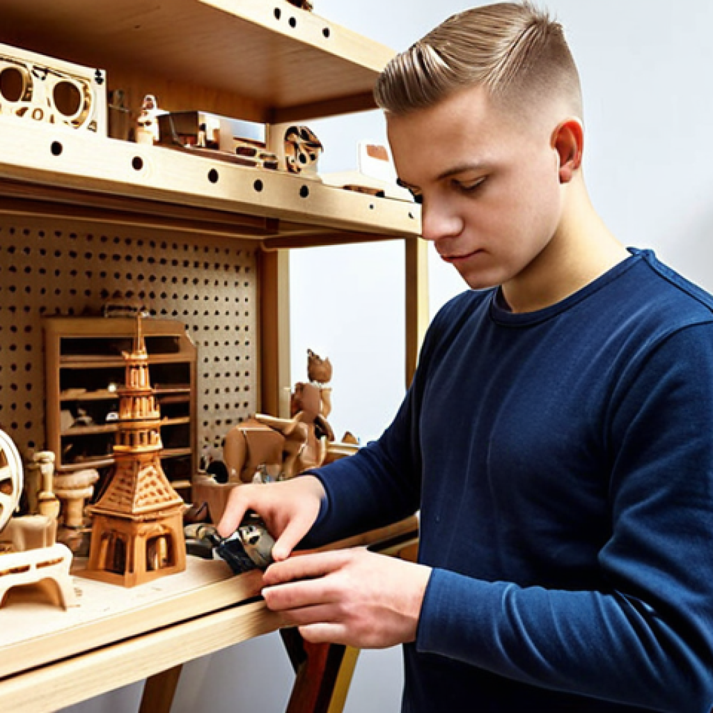 **A young Polish artisan in a bright, modern workshop, using a 3D printer to create a component for a traditionally crafted wooden toy. In the background, shelves display finished toys with intricate, personalized designs, showcasing the blend of old and new techniques.**