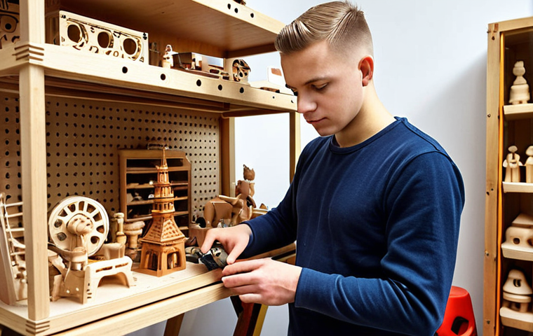 **A young Polish artisan in a bright, modern workshop, using a 3D printer to create a component for a traditionally crafted wooden toy. In the background, shelves display finished toys with intricate, personalized designs, showcasing the blend of old and new techniques.**