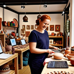 **

Prompt: A vibrant, colorful marketplace scene showcasing Polish artisans selling their crafts online via laptops and tablets. In the background, traditional crafts are displayed alongside modern e-commerce platforms on screens. Focus on handmade pottery, wooden toys, and textiles. Include a diverse group of smiling artisans and customers. The scene is well-lit, emphasizing the quality and detail of the crafts. Style: Digital painting, warm color palette, high resolution.

**