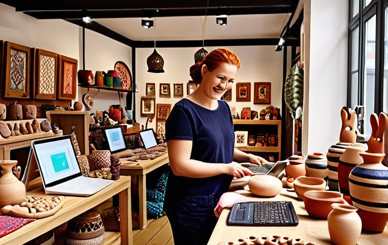 **

Prompt: A vibrant, colorful marketplace scene showcasing Polish artisans selling their crafts online via laptops and tablets. In the background, traditional crafts are displayed alongside modern e-commerce platforms on screens. Focus on handmade pottery, wooden toys, and textiles. Include a diverse group of smiling artisans and customers. The scene is well-lit, emphasizing the quality and detail of the crafts. Style: Digital painting, warm color palette, high resolution.

**