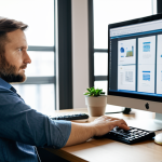 A professional Polish digital artisan, mid-30s, focused and engaged, fully clothed in professional yet comfortable and modest attire. The artisan is sitting at a modern desk, intently looking at a large monitor displaying design software or code. One hand rests on the keyboard, the other gestures towards the screen, subtly conveying an idea. The monitor screen shows elements related to a community project, like a stylized icon representing an animal shelter. The background is a clean, modern office space with soft, natural light, featuring a large window. On the desk, a small potted plant adds a personal touch. High-resolution, professional photography, soft focus, warm lighting, perfect anatomy, correct proportions, natural pose, well-formed hands, proper finger count, natural body proportions, safe for work, appropriate content, fully clothed, professional, family-friendly.