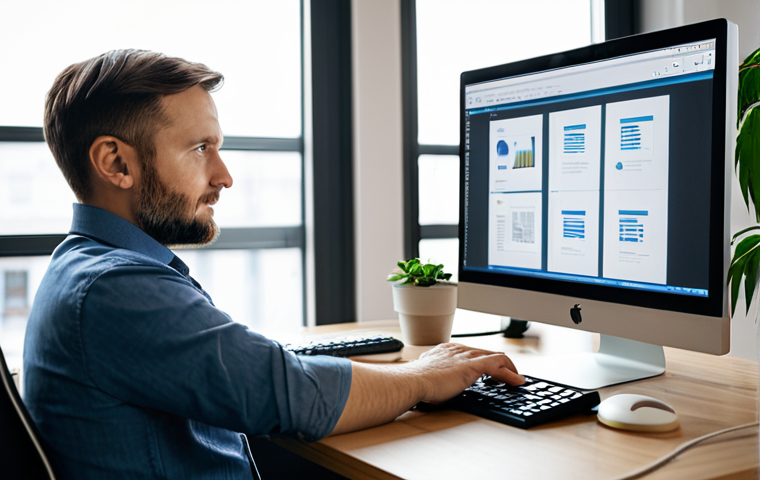 A professional Polish digital artisan, mid-30s, focused and engaged, fully clothed in professional yet comfortable and modest attire. The artisan is sitting at a modern desk, intently looking at a large monitor displaying design software or code. One hand rests on the keyboard, the other gestures towards the screen, subtly conveying an idea. The monitor screen shows elements related to a community project, like a stylized icon representing an animal shelter. The background is a clean, modern office space with soft, natural light, featuring a large window. On the desk, a small potted plant adds a personal touch. High-resolution, professional photography, soft focus, warm lighting, perfect anatomy, correct proportions, natural pose, well-formed hands, proper finger count, natural body proportions, safe for work, appropriate content, fully clothed, professional, family-friendly.